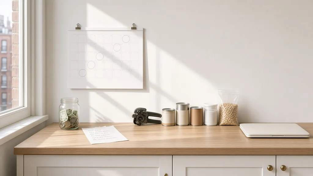 A kitchen counter with a calendar, a jar of cash, canned food and a closed laptop