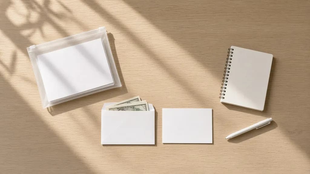 A document pouch, an envelope of cash, a notebook and a pen on a desk