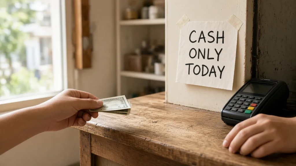 A cash-only sign taped beside a card reader at a shop counter