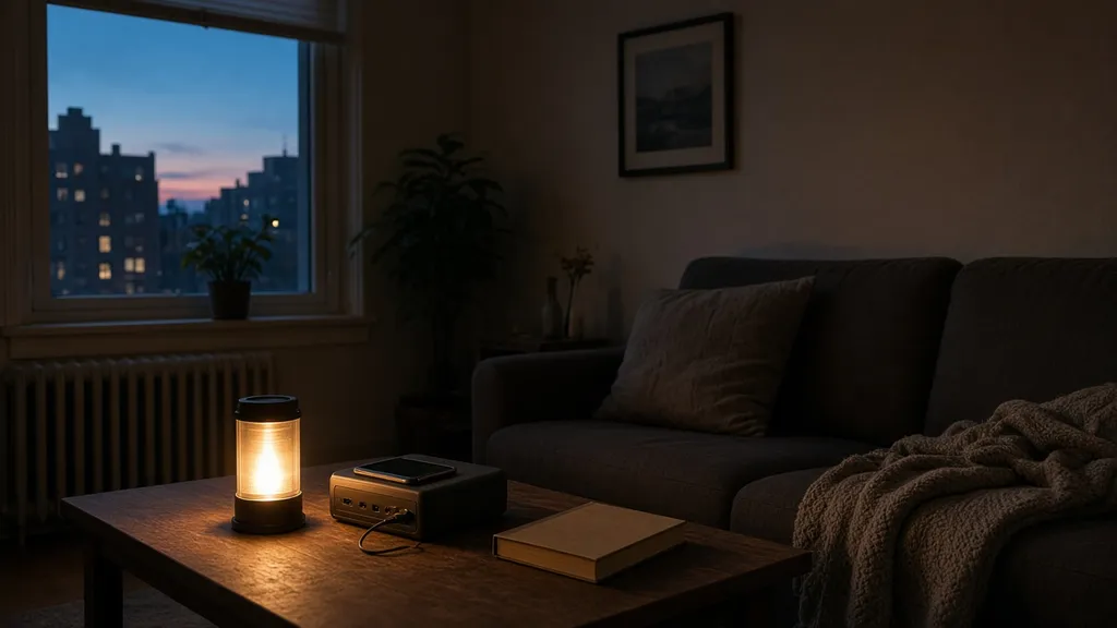 A living room lit by a lantern, with a phone charging from a power station