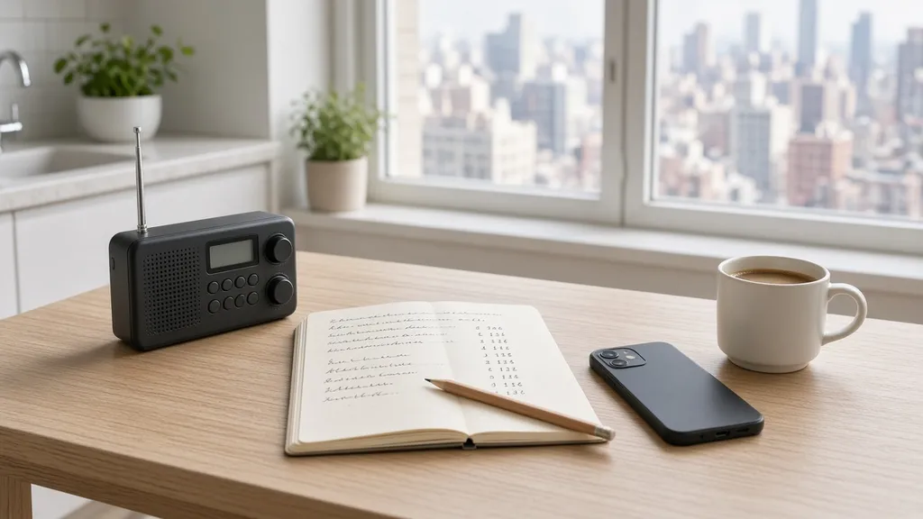 A battery radio, a notebook of phone numbers and a phone on a kitchen table