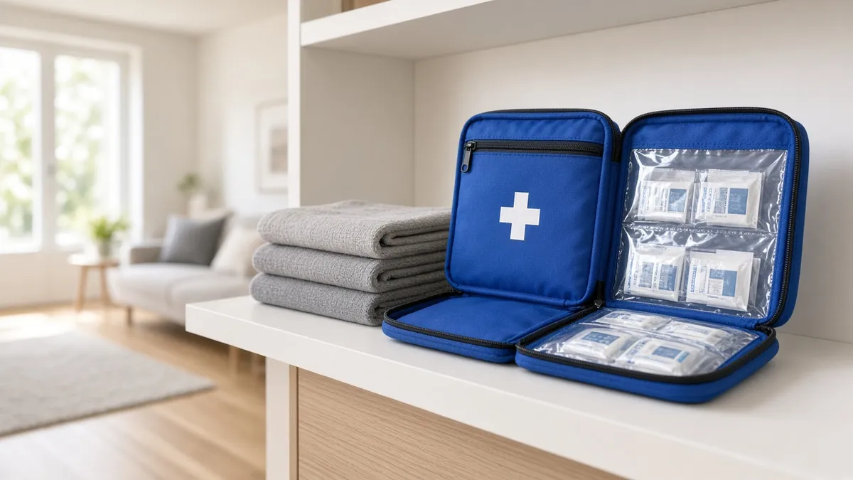 First Aid Only family first aid kit on a wooden table