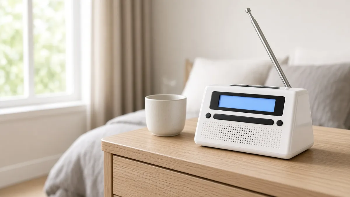 Midland WR120B weather radio on a wooden shelf