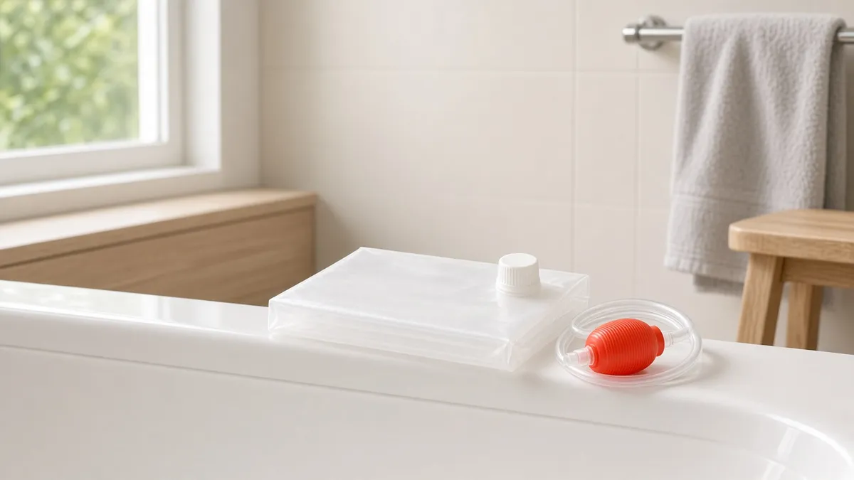 waterBOB bathtub water storage bladder on a wood floor