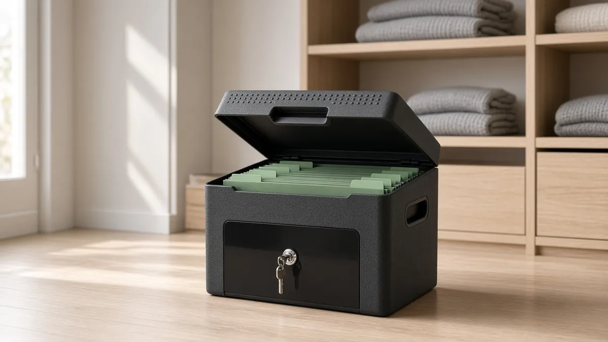 SentrySafe fire-resistant file box on a wooden shelf