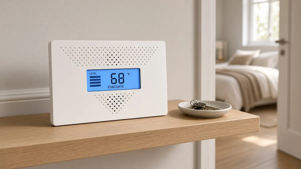 A white carbon monoxide alarm with a blue display on a wooden shelf