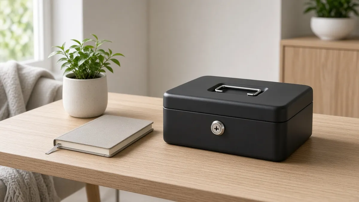 SentrySafe steel cash box on a wooden table