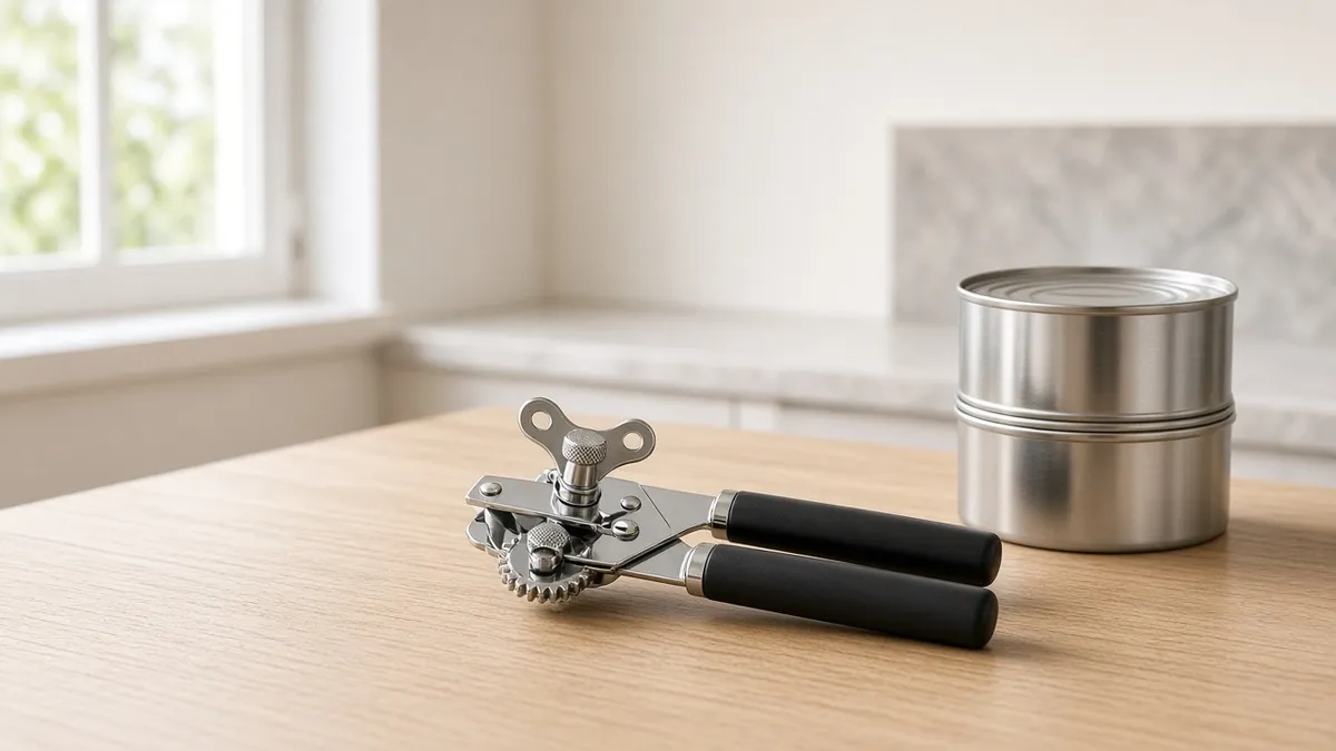 Swing-A-Way manual can opener on a wooden table