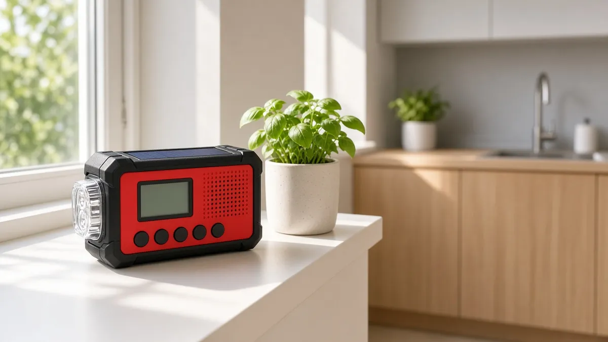 Midland ER310 weather radio on a wooden shelf