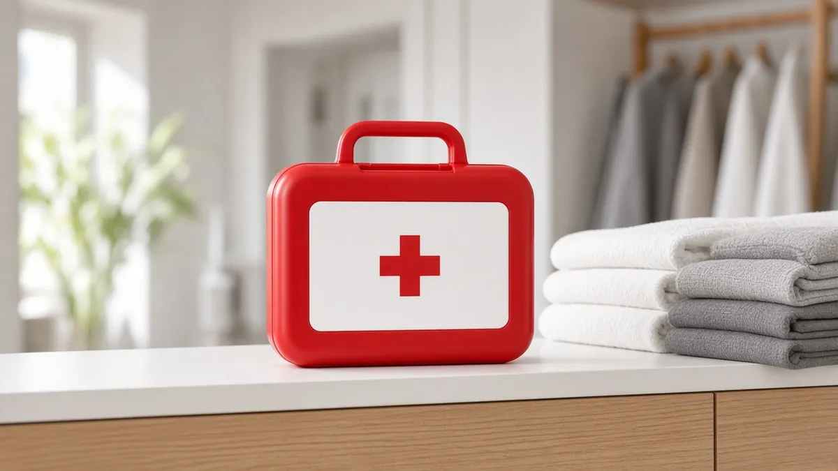 BAND-AID portable first aid kit on a wooden table